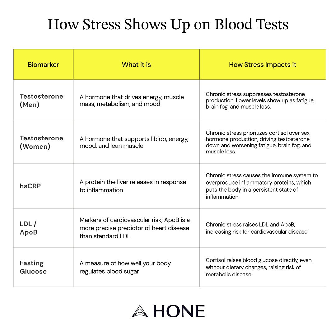 Table defining how stress shows up on blood tests.