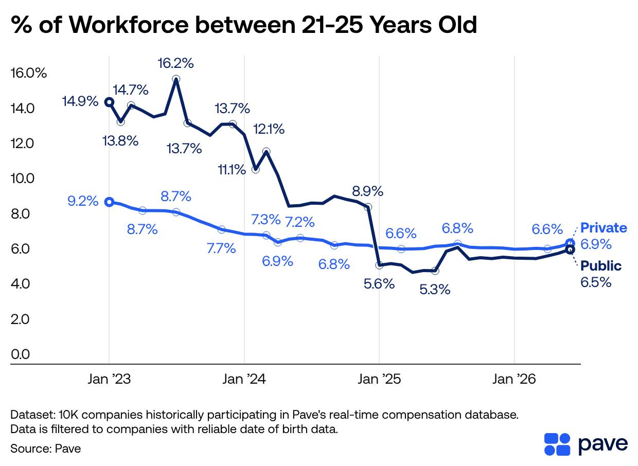 A line chart showing the percentage decline of 21–25-year-olds both in private and public workforce from 2023 to 2026.