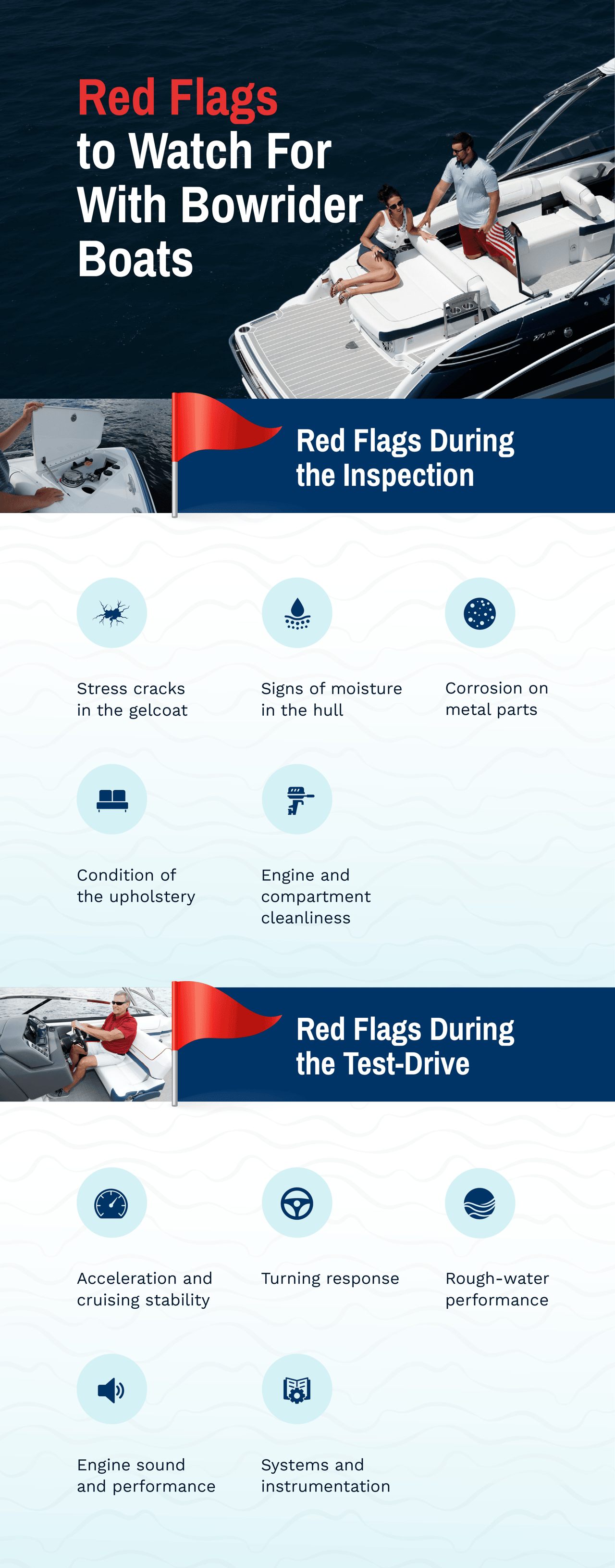 An infographic showing two categories of warning signs to look for during inspection and test-drive of a bowrider boat.