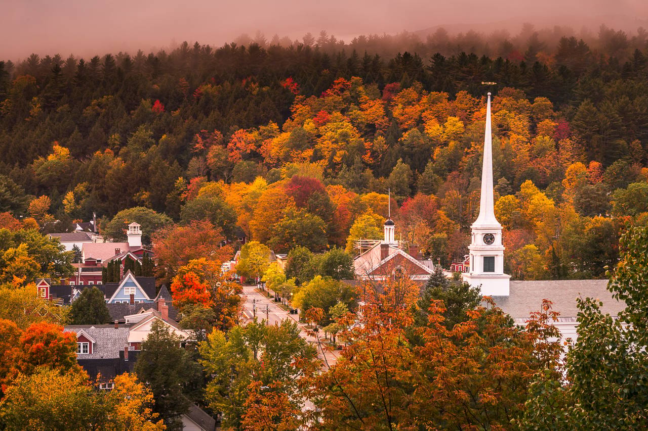 A scenic four-season mountain town in Stowe, Vermont, USA.