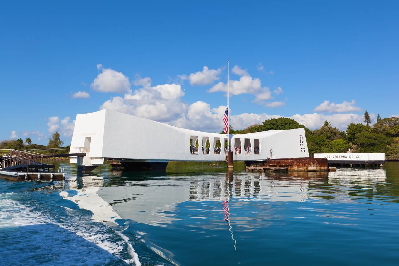 The U.S.S. Arizona Memorial located in Pearl Harbor, Honolulu, Hawaii.