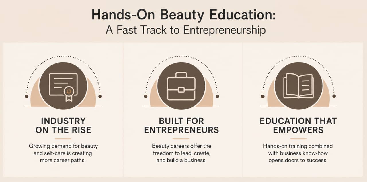 An infographic reporting why hands-on beauty education is becoming a fast track to entrepreneurship.