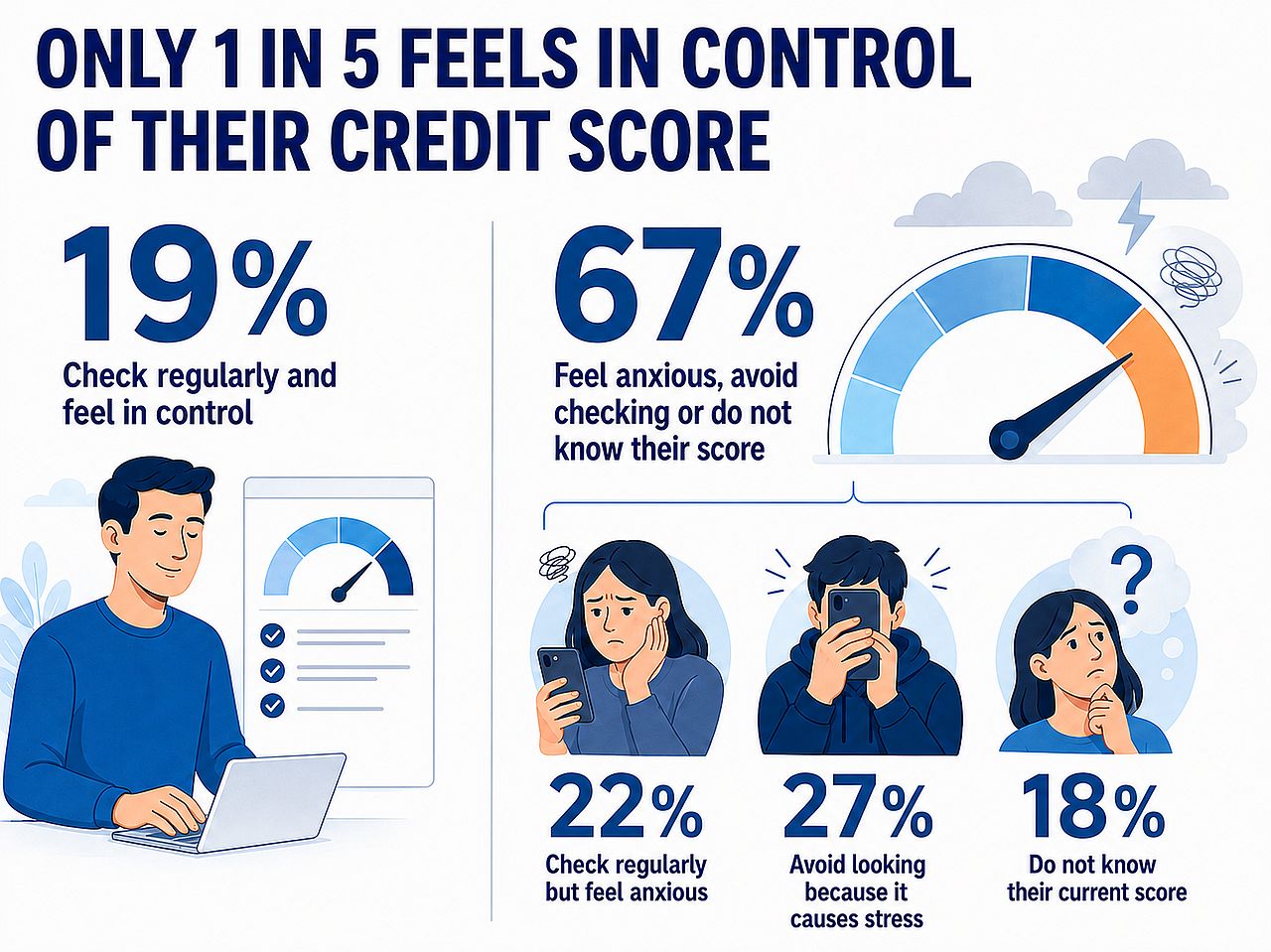 Infographic revealing that only 1 in 5 feels in control of their credit score based on survey respondents.
