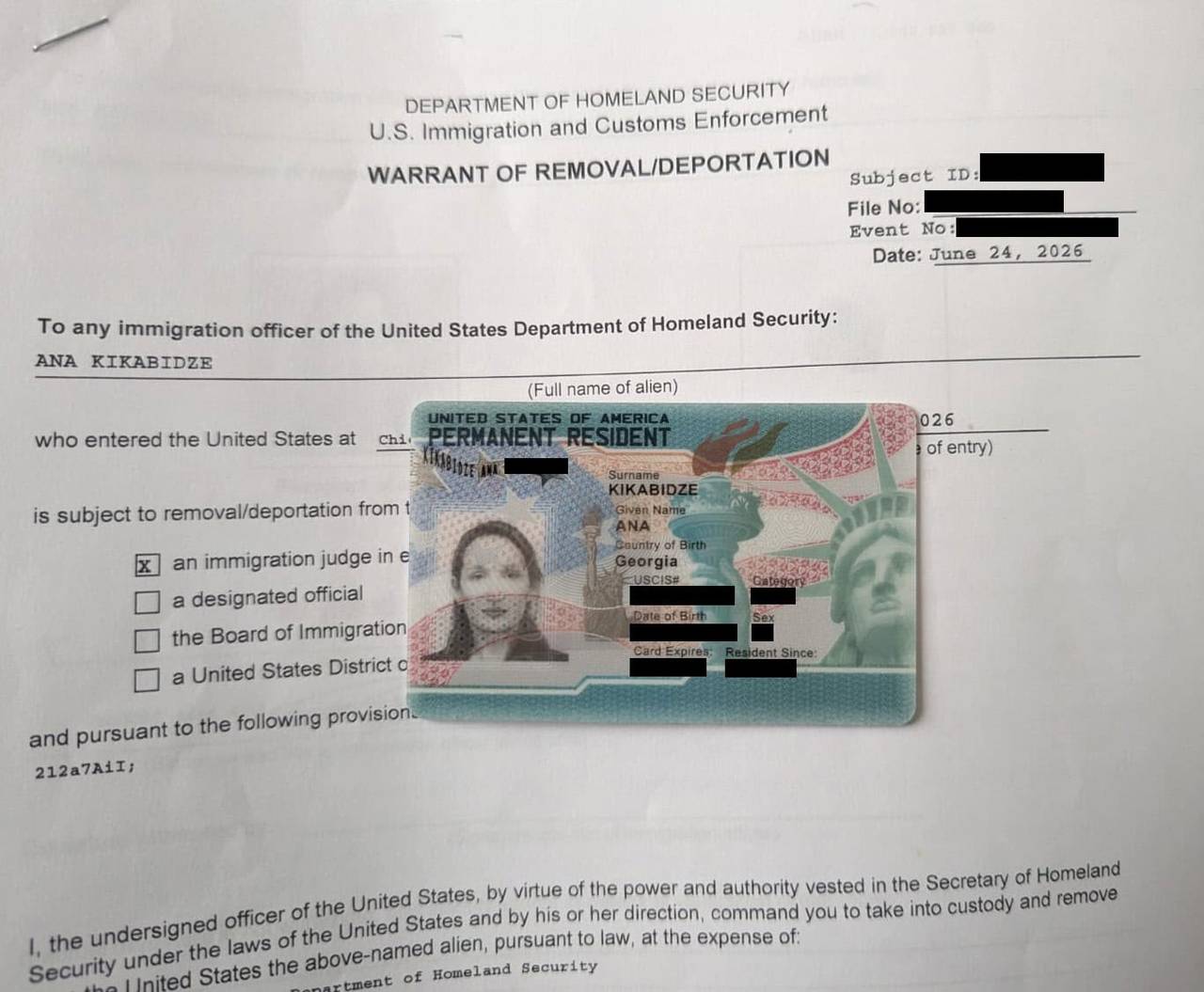 Paperwork showing Kikabidze spent three years recovering her green card status, flying to the U.S. for separate appointments for the government to take fingerprints from her and her children and run FBI background checks.