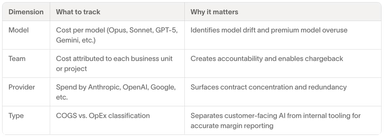 Table defining the tracking framework for AI costs.