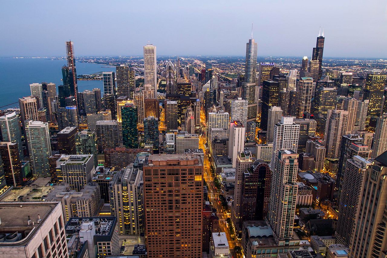 An aerial view of Chicago's skyline at early evening in Illinois, USA.