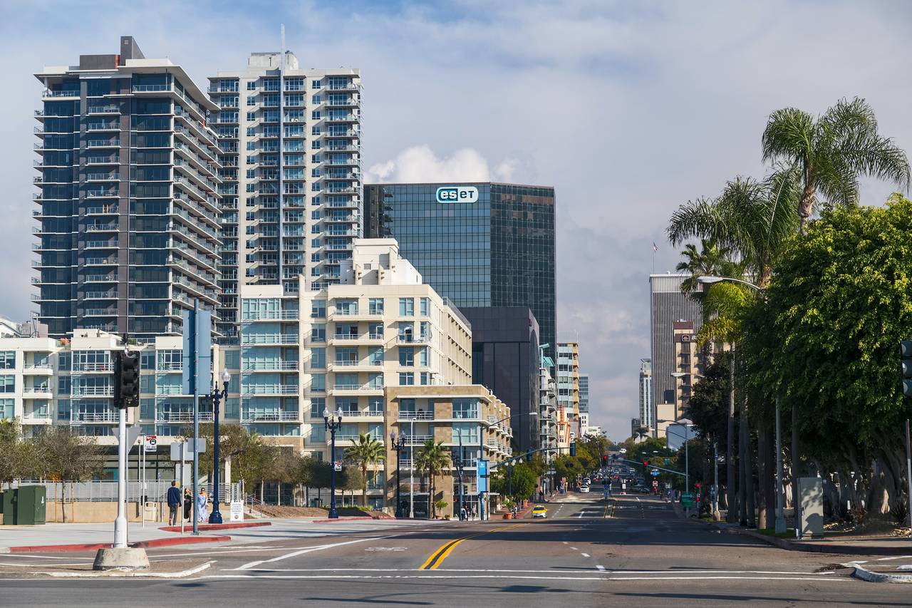 Buildings along Ash Street in downtown San Diego, California, USA.