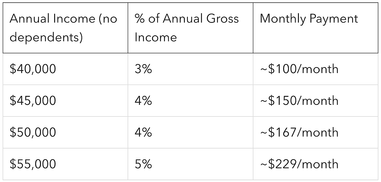 Table breaking down the numbers for a new grad earning $40-55K a year with no dependents in line with RAP.