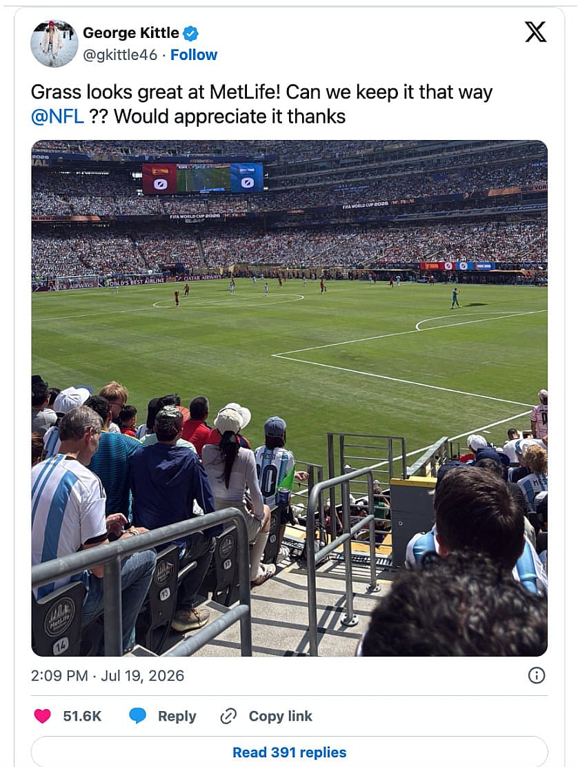 A screenshot of George Kittle's X post asking the NFL to keep natural grass installed at the MetLife Stadium.