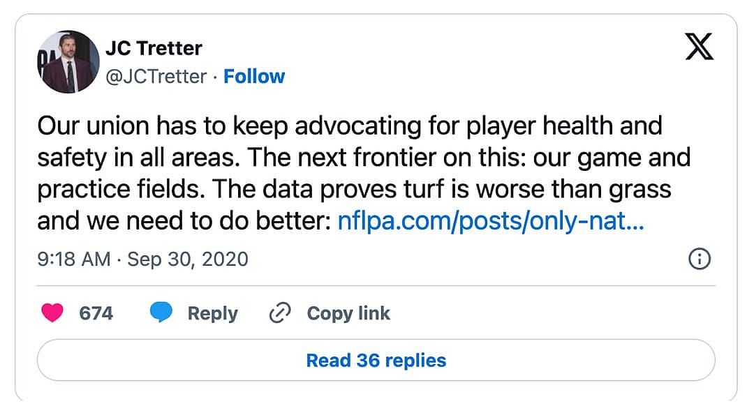 A screenshot of former president of the National Football League Players Association (NFLPA) JC Tretter's X post calling for safer grass game fields over artificial turf.