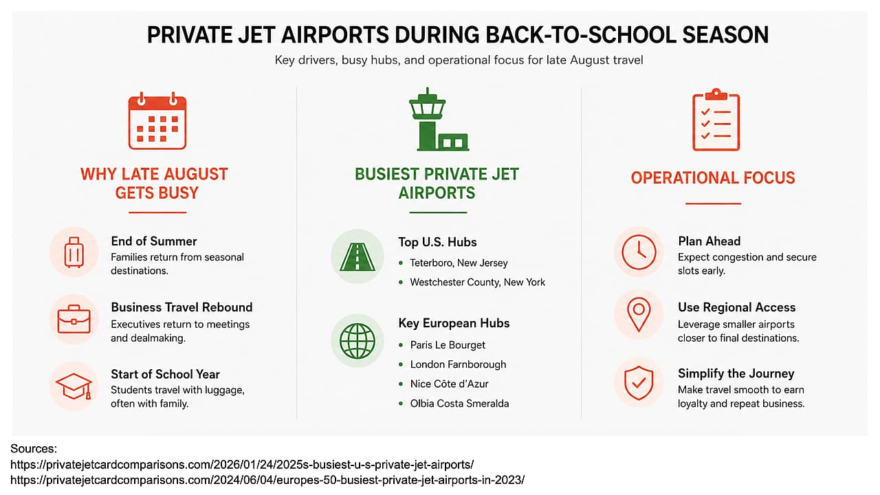 An infographic showing the key drivers and focus areas of private jet airports during back-to-school season. 