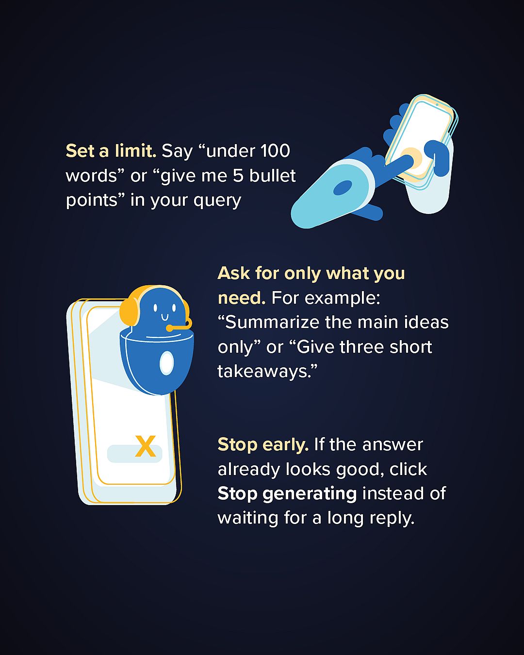 Infographic 2 of 5: Energy-saving tips for AI use. Set a limit, ask for only what you need, and stop early.