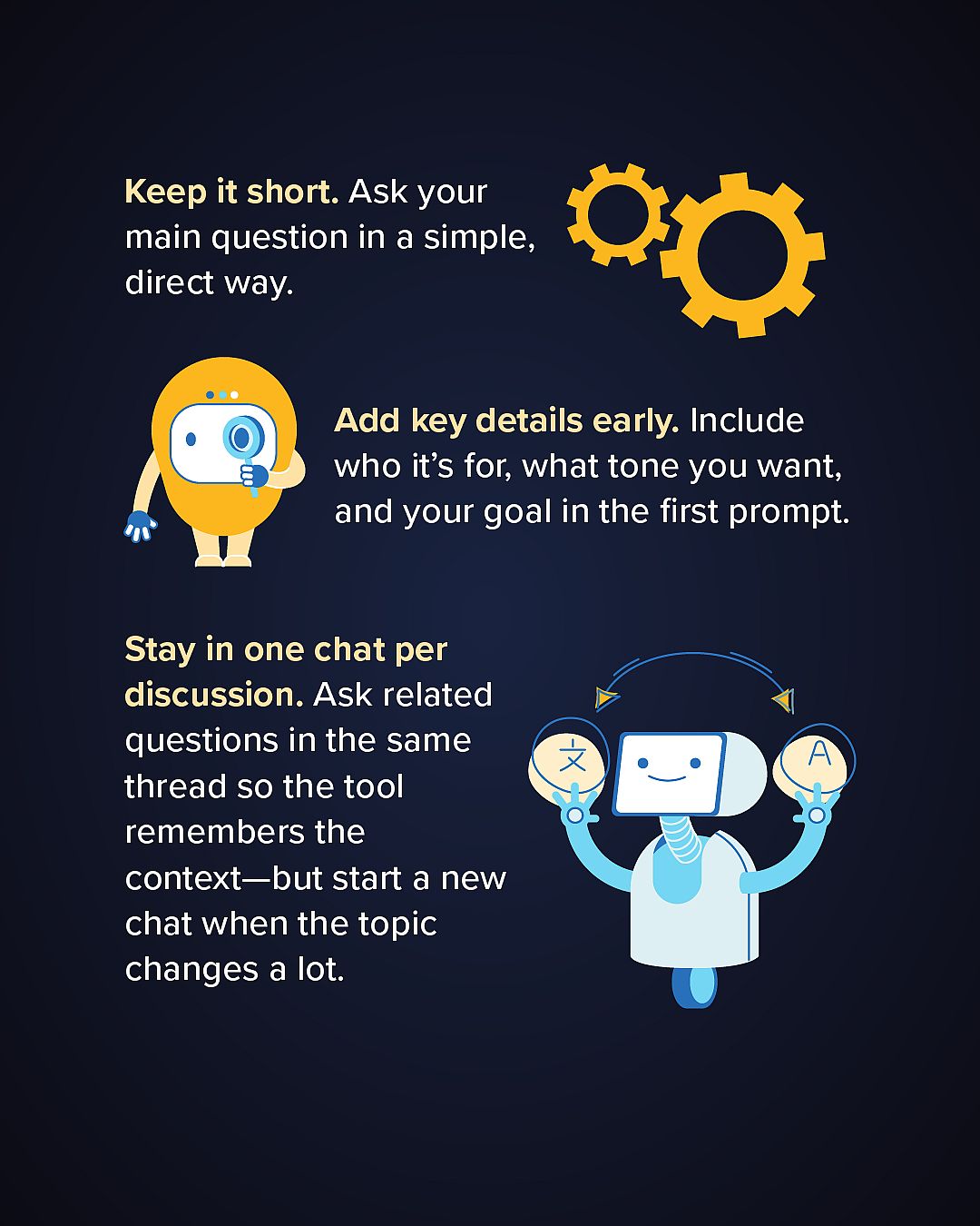Infographic 3 of 5: Energy-saving tips for AI use. Keep it short, add key details early, and stay in one chat per discussion.