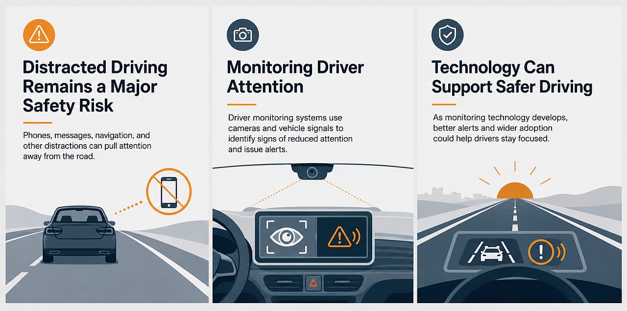 An infographic reporting overview on distracted driving and how technology can support safer driving.