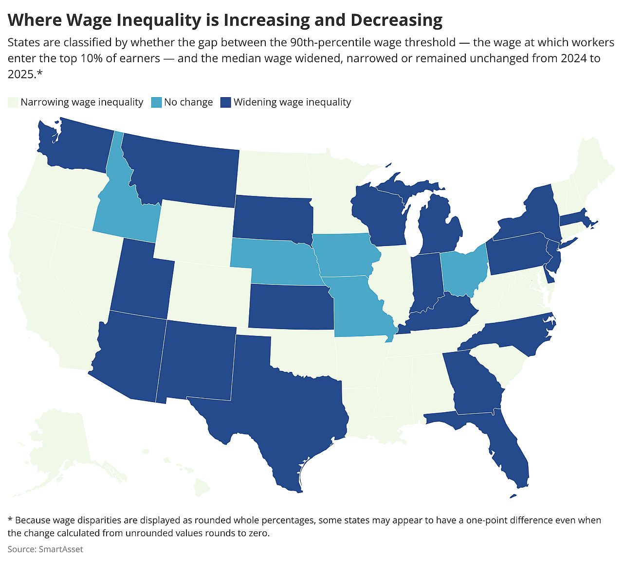 A data map of the US visualizing where wage inequality is increasing and decreasing.
