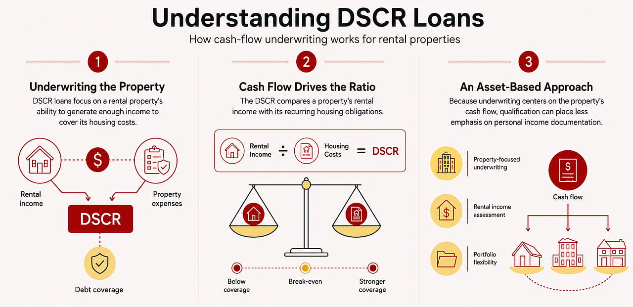 An infographic showing the key functions of Debt Service Coverage Ratio (DSCR) loans in a rental property investment.