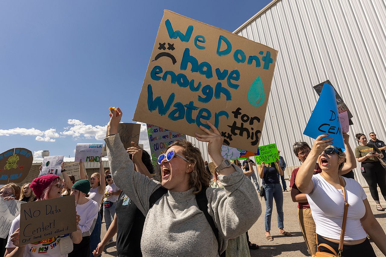 Protesters gathering before the Box Elder County Commission meeting to decide for the construction of a large data center near the north shore of the Great Salt Lake in Utah, USA.