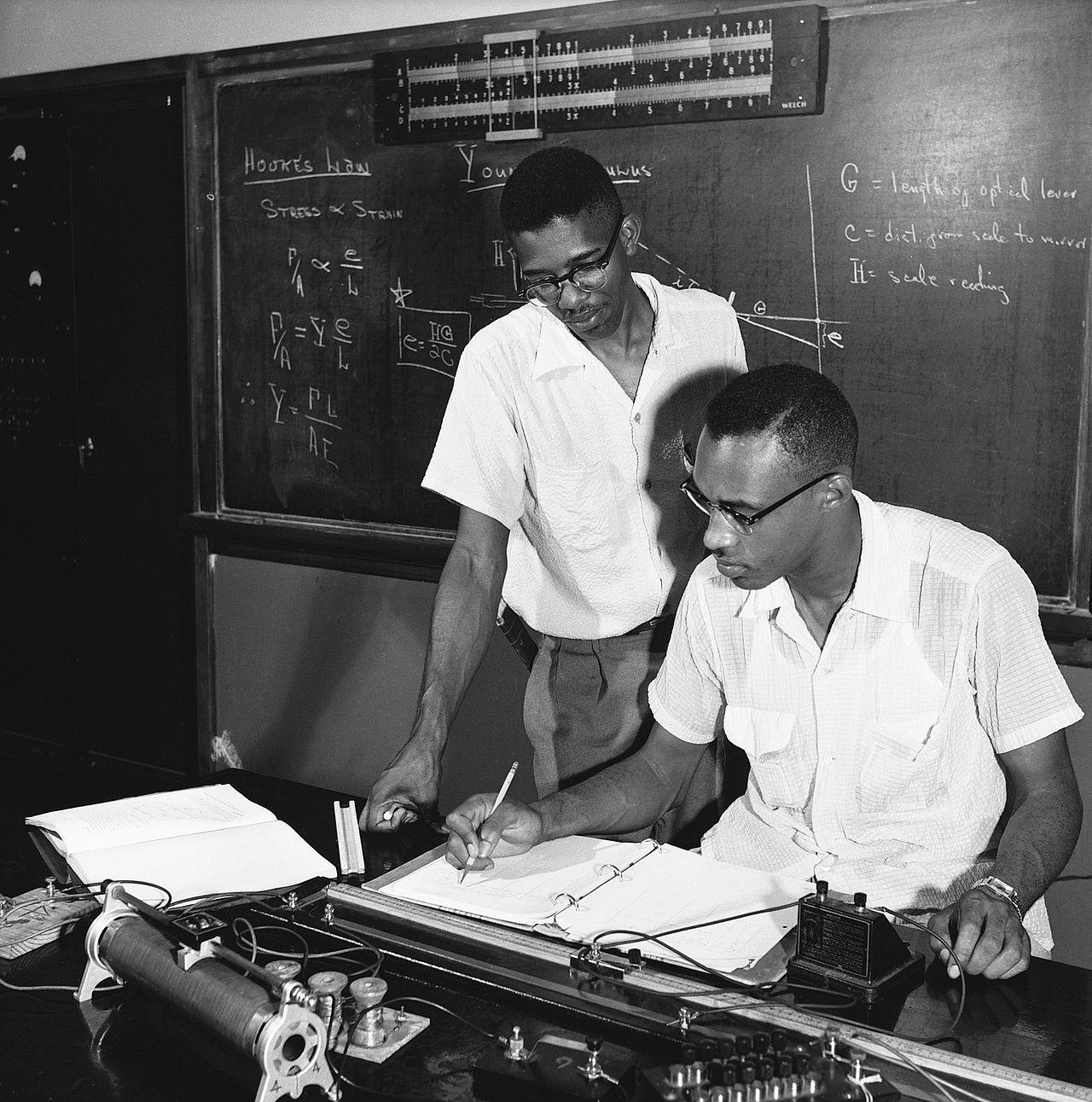 A black and white image of young male students in a physics classroom at the separatist Clark College, Atlanta, Georgia.