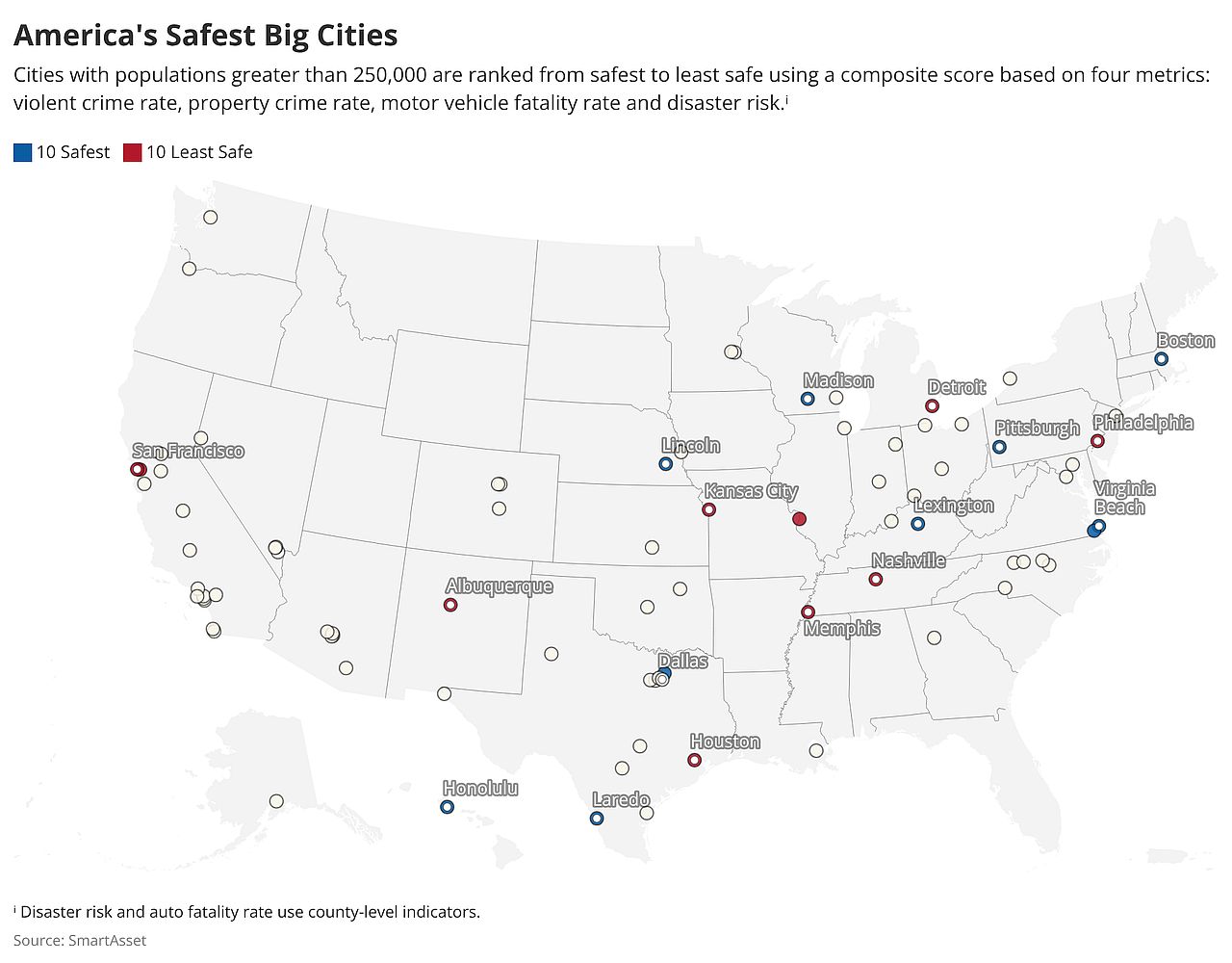 A data map of the US visualizing the safest to least safe cities with populations greater than 250,000.