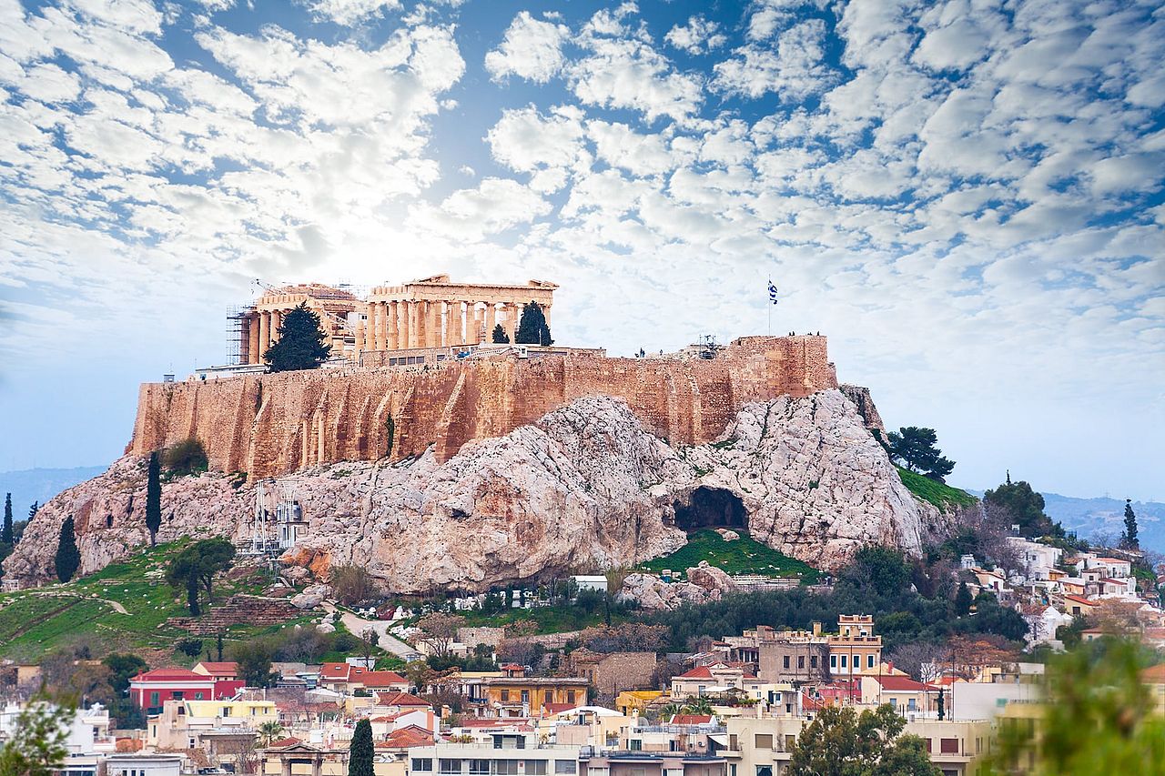 A view of the Parthenon temple in Greece from its downtown areas.