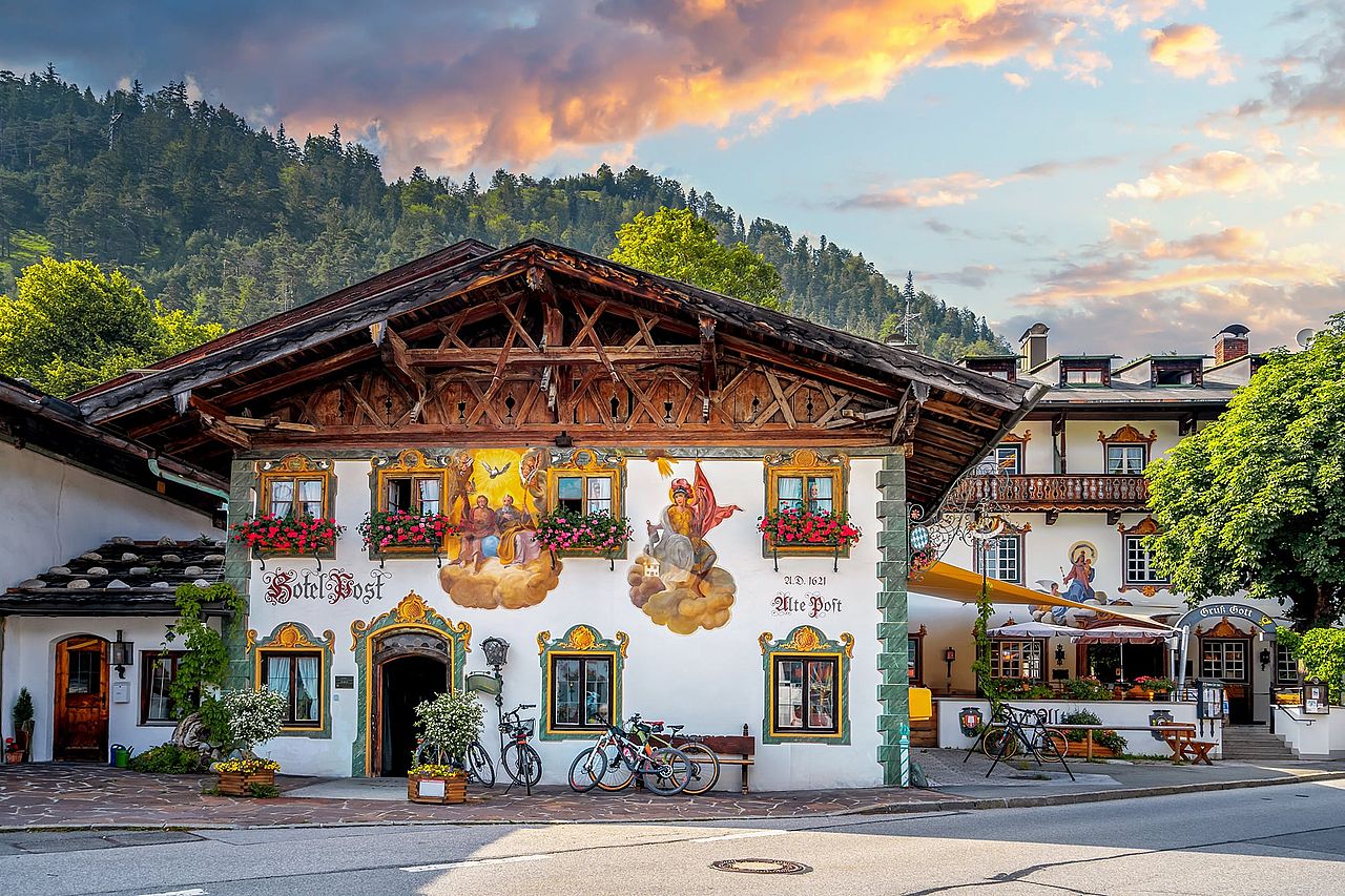 A view of the homes in Old city of Wallgau, Bavaria in Germany.