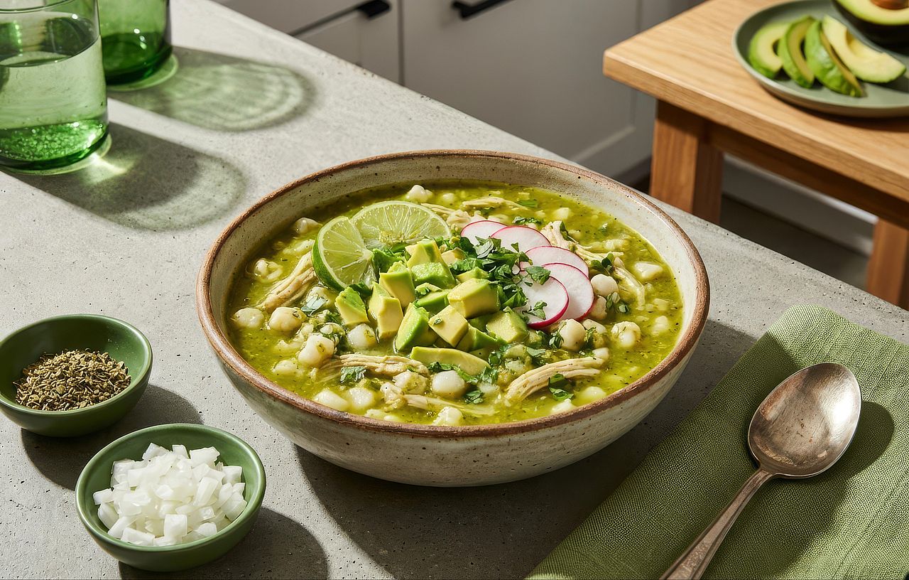 A corn and chicken soup topped with avocados, cilantro, radish, and lemon wedges with herbs and minced onions on the side.