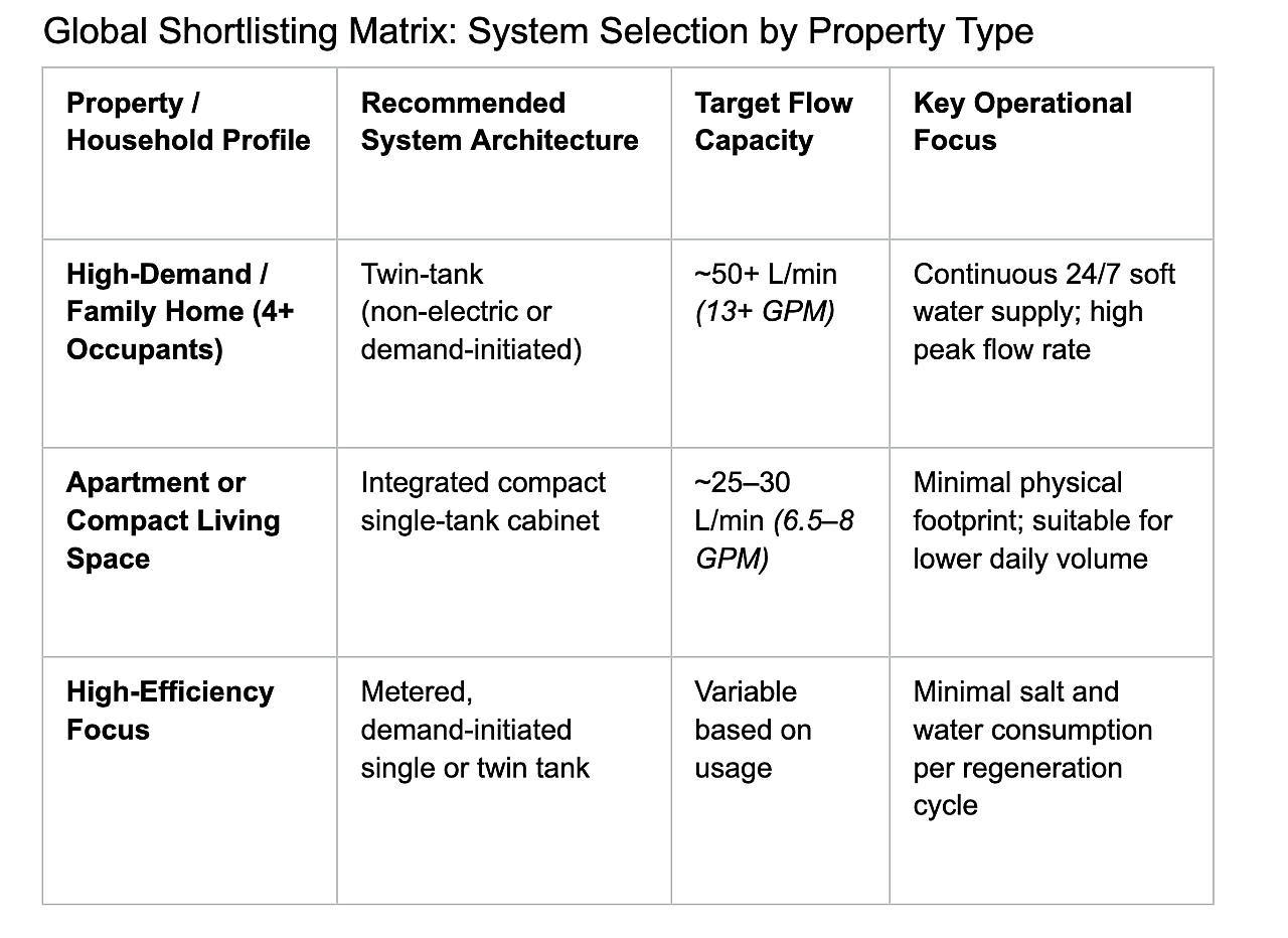 A Global Shortlisting Matrix chart listing different household property types with their recommended system architectures, flow capacities, and operational goals.