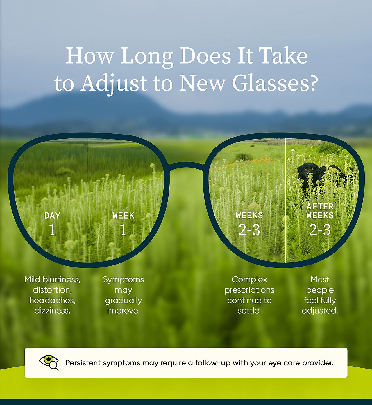 An infographic reporting on how long it takes to adjust to new glasses.