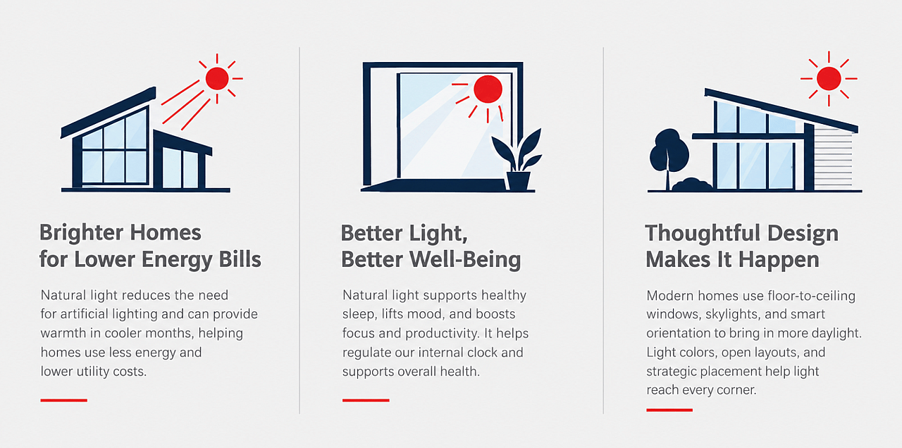 An infographic showing the benefits of natural lighting in home design and energy efficiency.