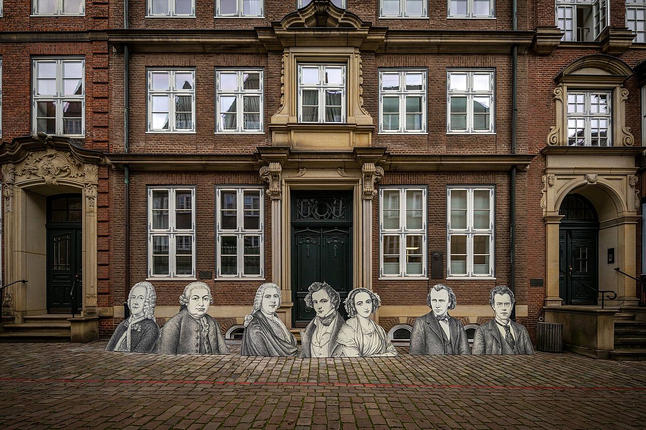 Exterior view of the Komponistenqjuartier in the Neustadt district that features a museum for famous Hamburg composers Brahms, Telemann, C.P.E. Bach, Johann Adolf Hasse, Gustav Mahler, and Fanny and Felix Mendelssohn.