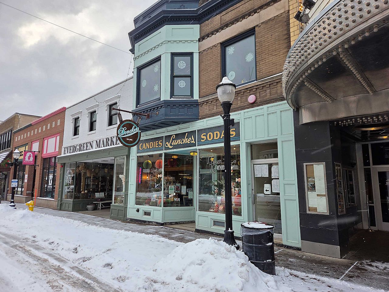 A view of Donckers, a historic candy shop, located in downtown Marquette, Michigan.