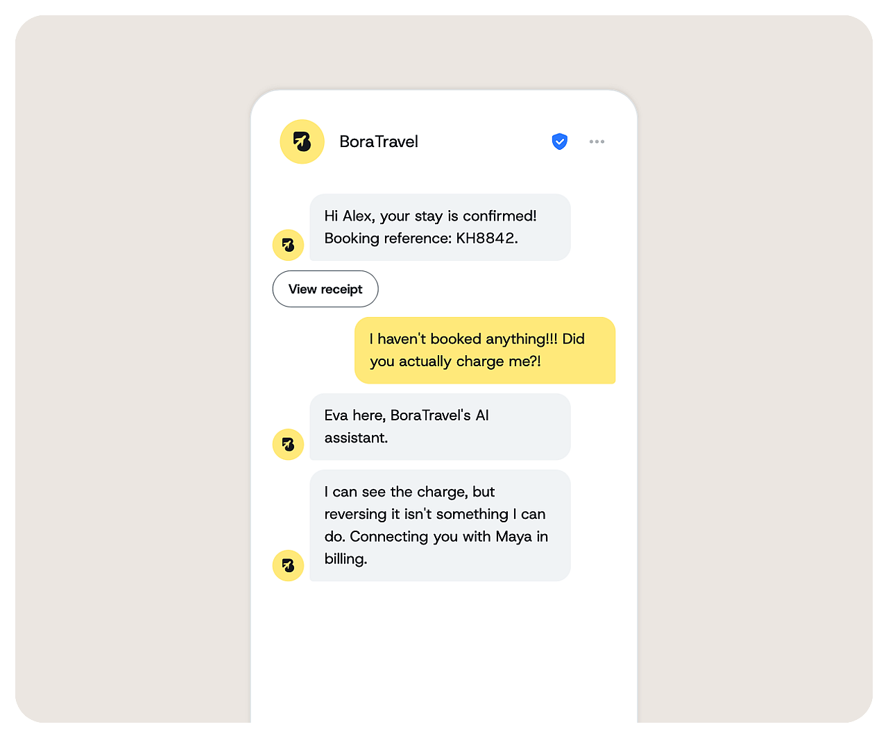 A graphic showing a chat conversation of a travel service's AI assistant transferring an unauthorized inquiry to a human agent.