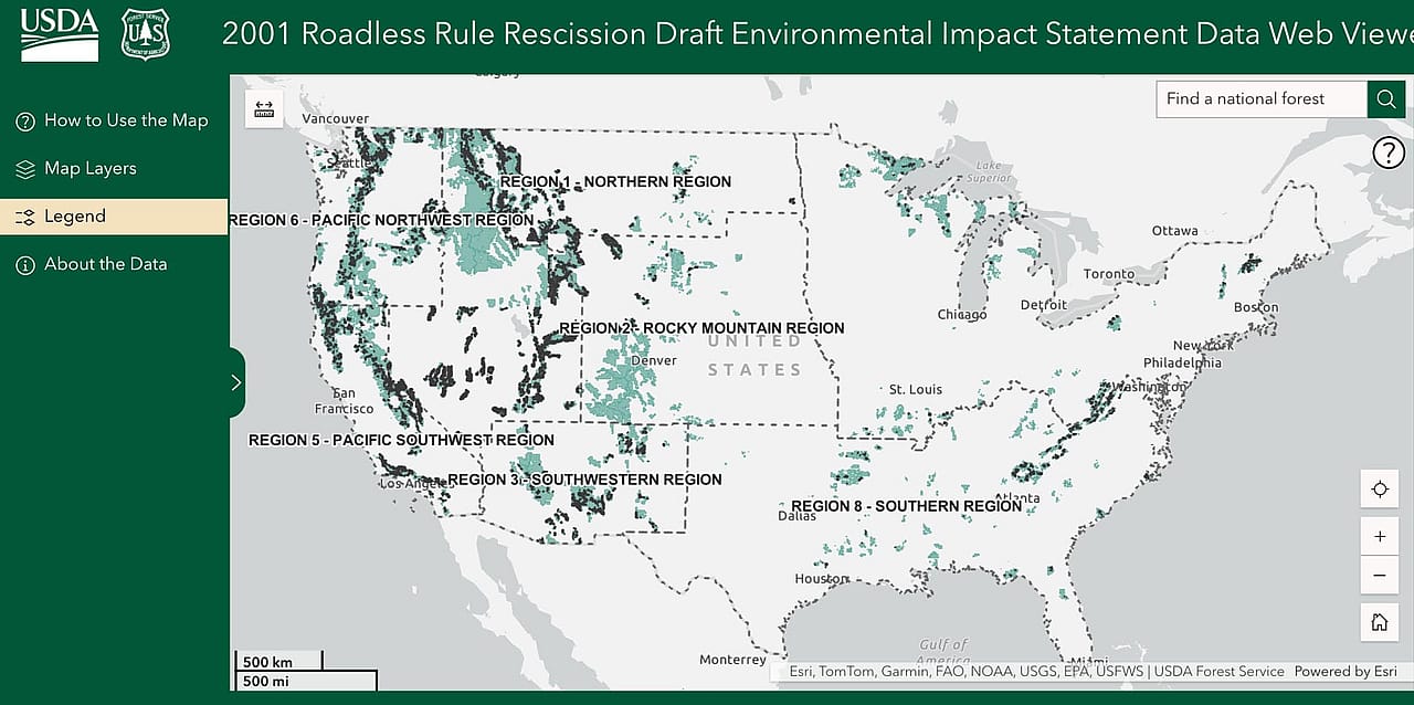 USDA's map of inventoried roadless areas across the US.