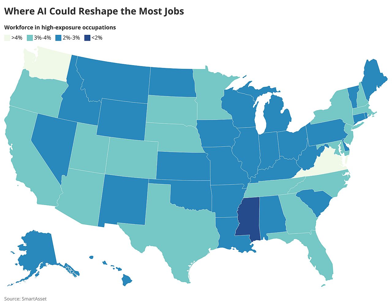 A data map of the US visualizing where AI could reshape the most jobs.