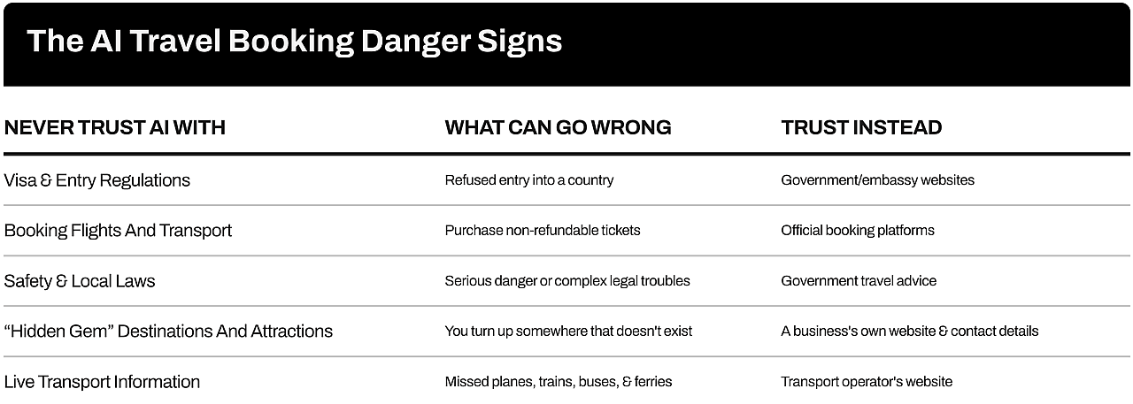 Table revealing the AI travel booking danger signs.