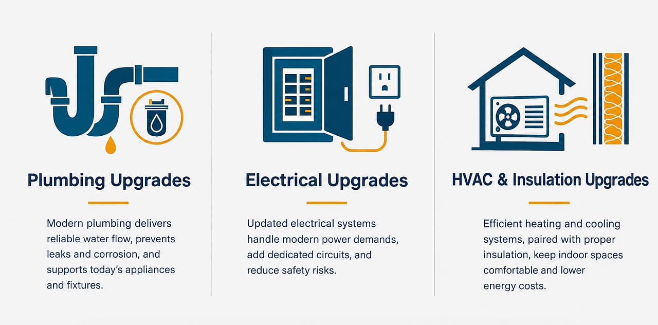 An infographic defining plumbing, electrical, and HVAC & insulation upgrades.