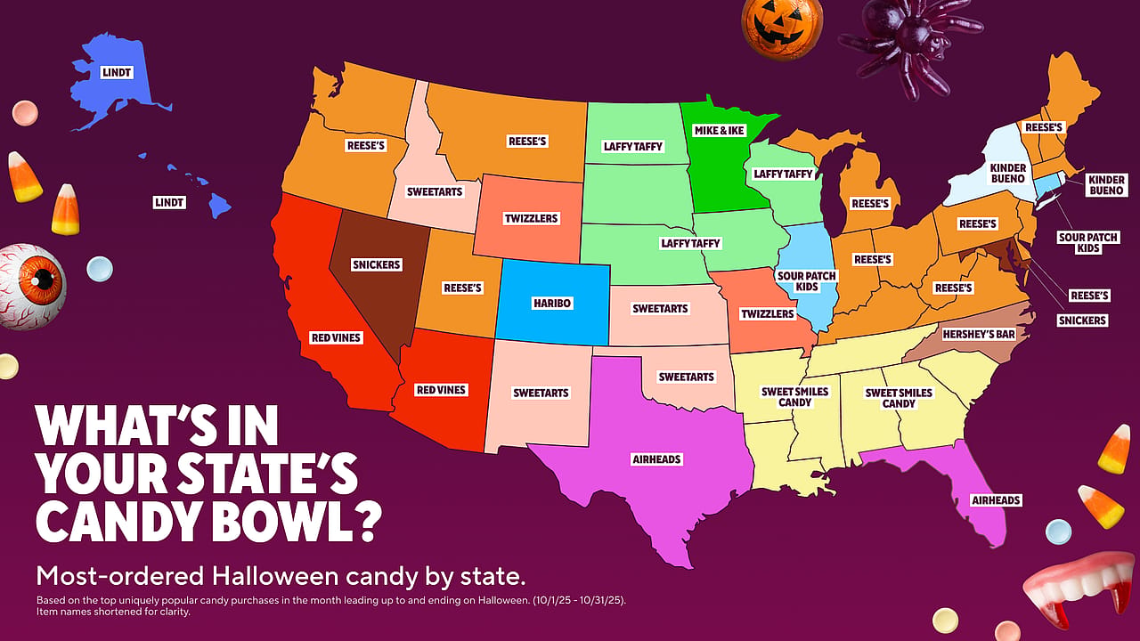 A data map of the US visualizing the most-ordered Halloween candy by state.
