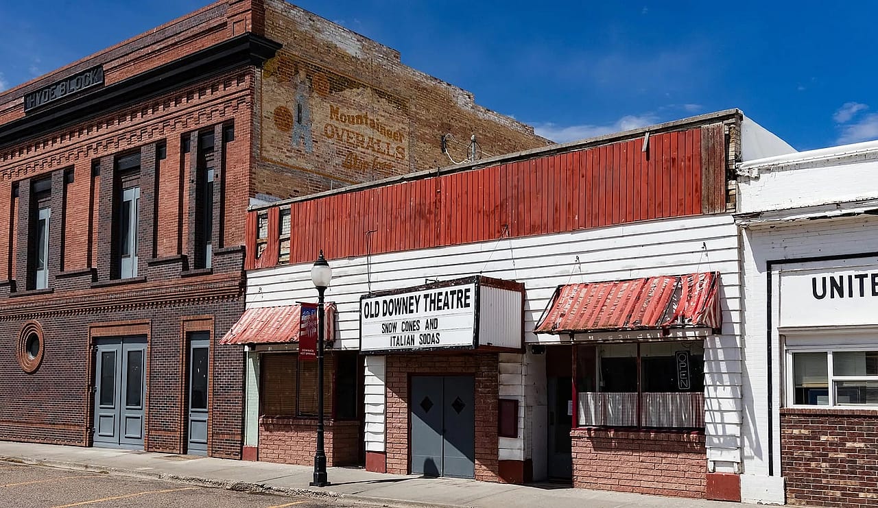 The Old Downey Theatre, located on Main Street in the south Bannock County community. Downey has seen many services and small businesses close in recent years and currently lacks a grocery store or hospital.