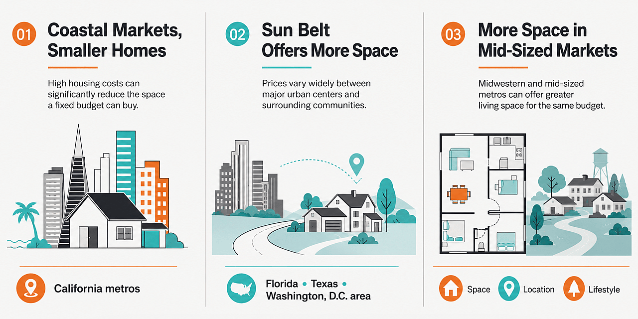An infographic reporting on how much square footage a $500K housing budget buys across US metros.