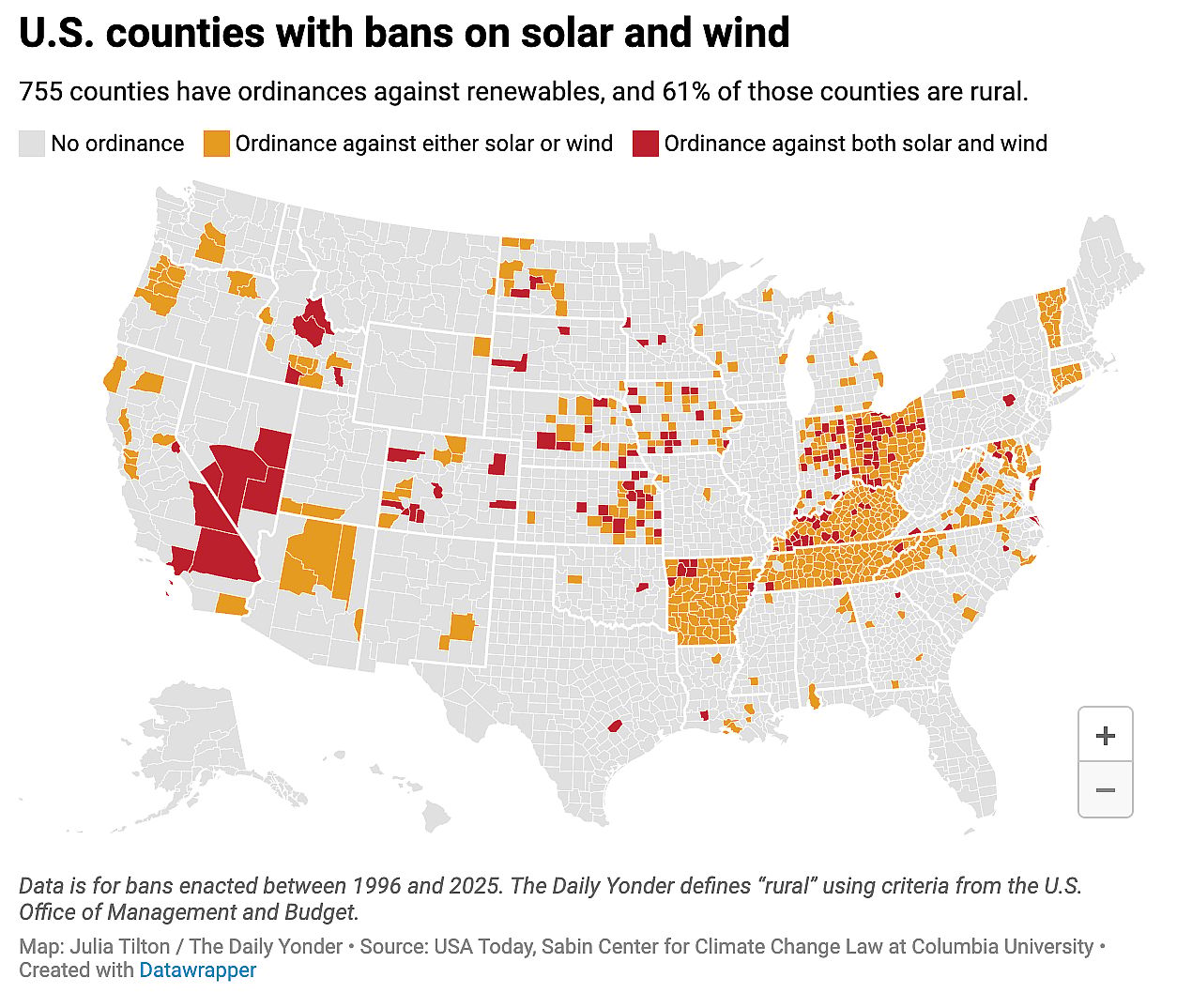 A map chart showing U.S. counties with ordinance bans on solar and wind.