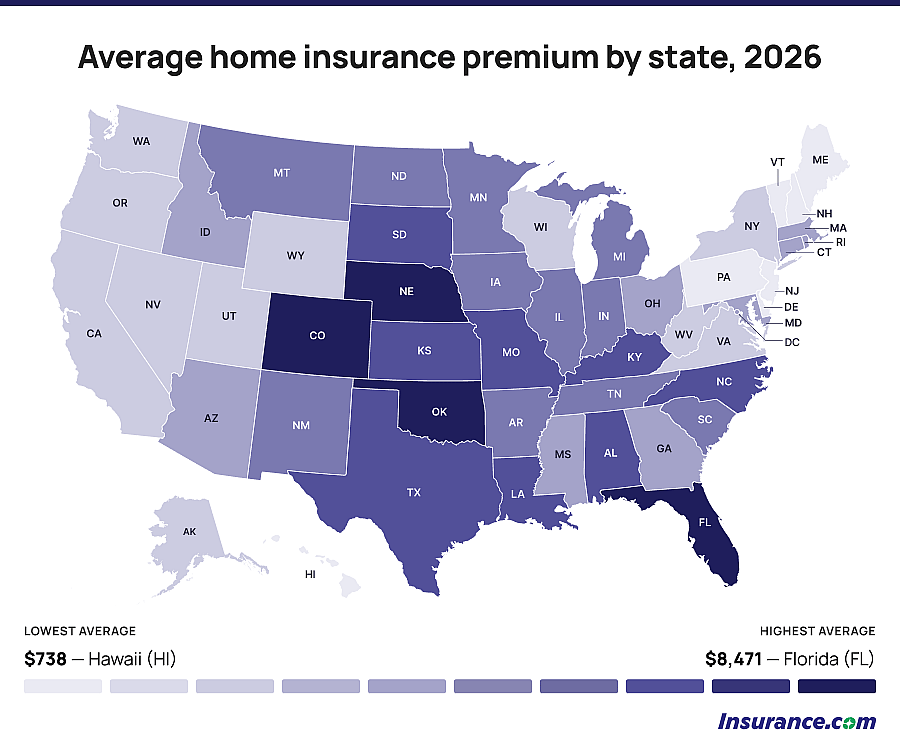 A U.S. map chart showing the average home insurance premium by state for 2026.