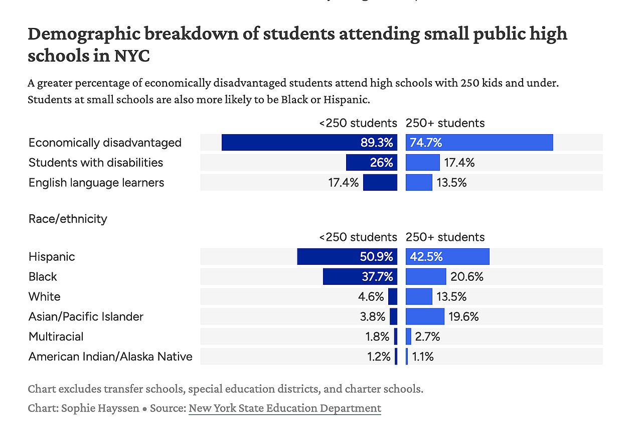 A data graphic reporting the demographic breakdown of students attending small public high schools in NYC.