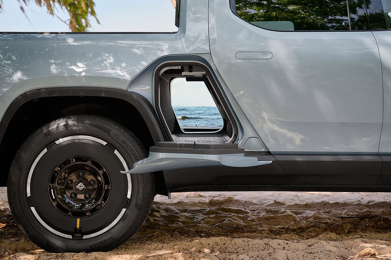 Close-up view of the Gear Tunnel storage area on a 2026 Rivian R1T.