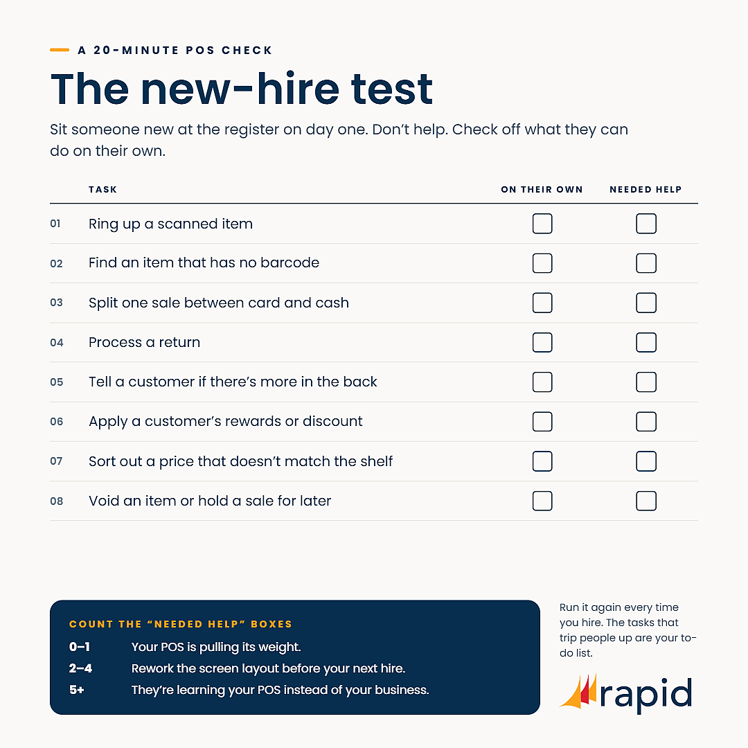 New-hire POS test: a 20-minute register checklist to spot the POS friction behind retail employee burnout.