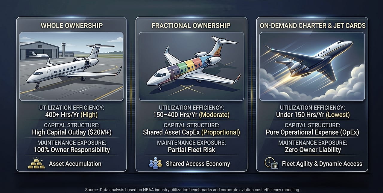 An infographic comparing three private jet acquisition models across various utility benchmarks.