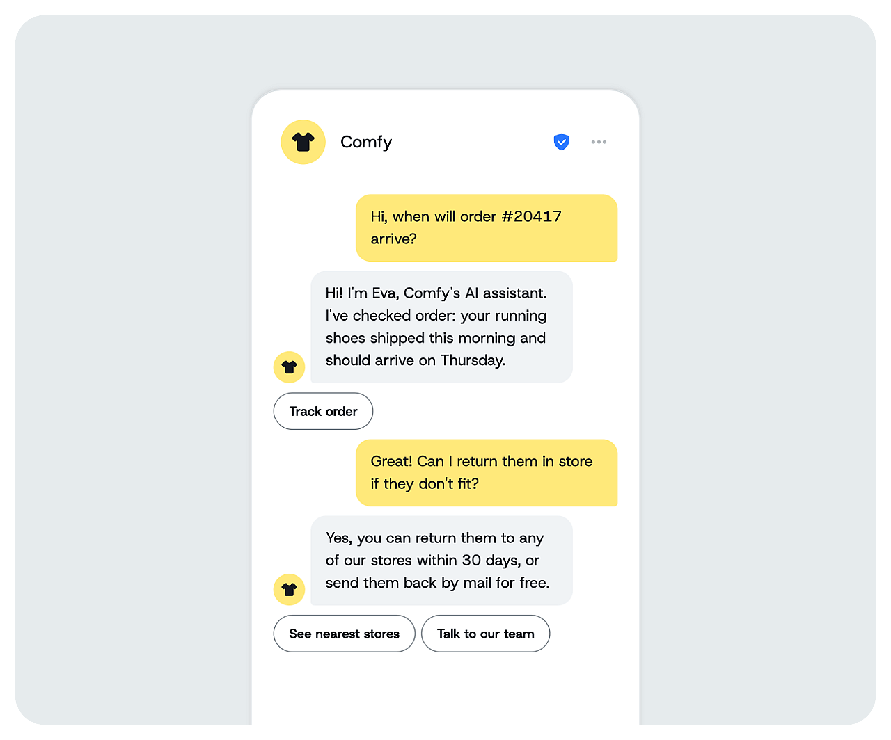 A chat interface showing a conversation between a store's AI assistant and a user inquiring an order's queries.