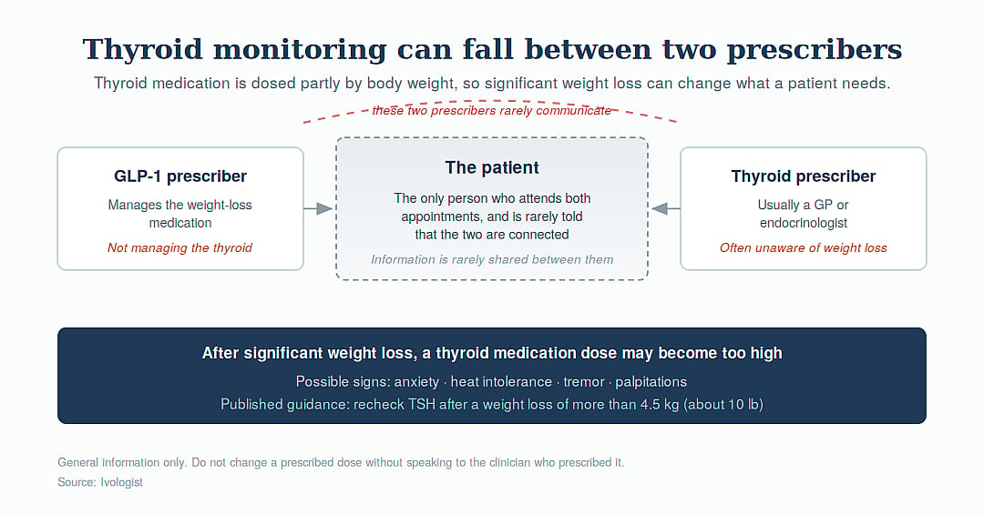 An informational diagram showing a thyroid monitoring between two prescribers.