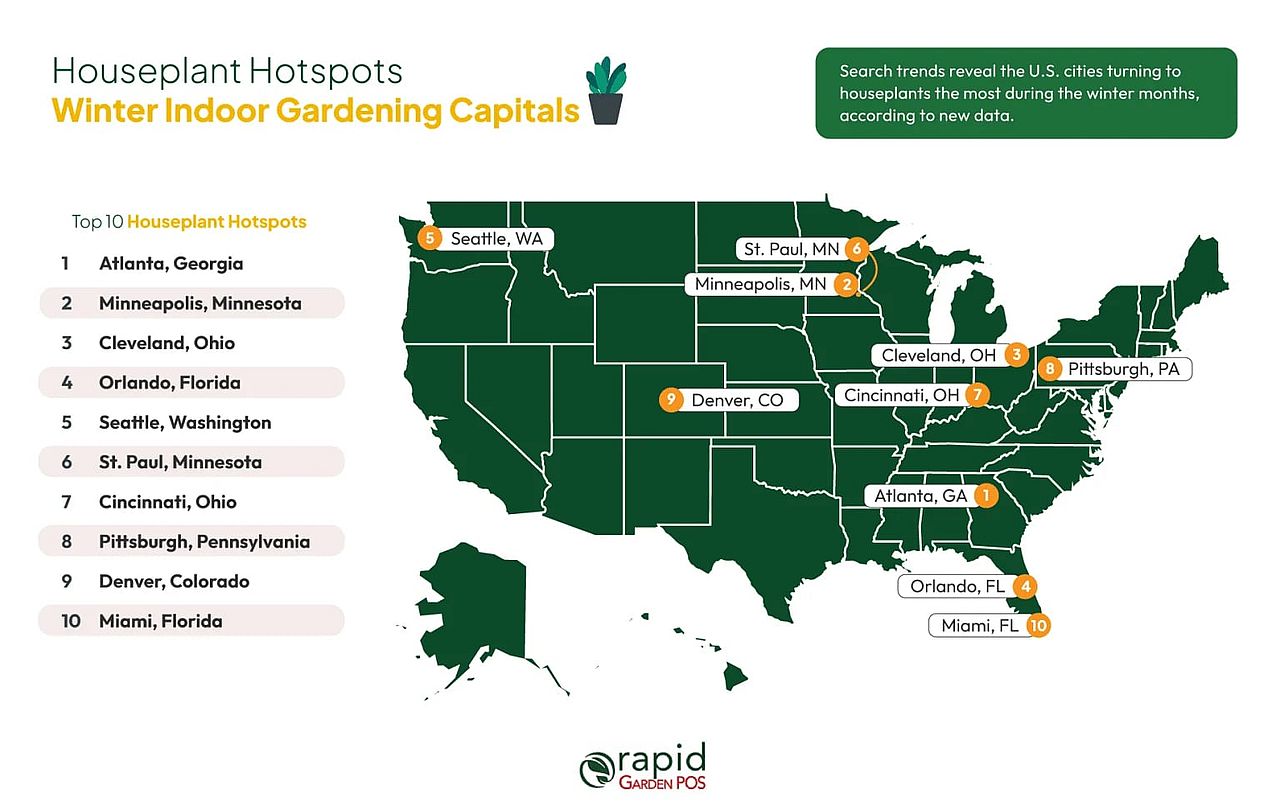 A map chart showing the top 10 American hotspot cities where houseplants are also the people's emotional lifelines.