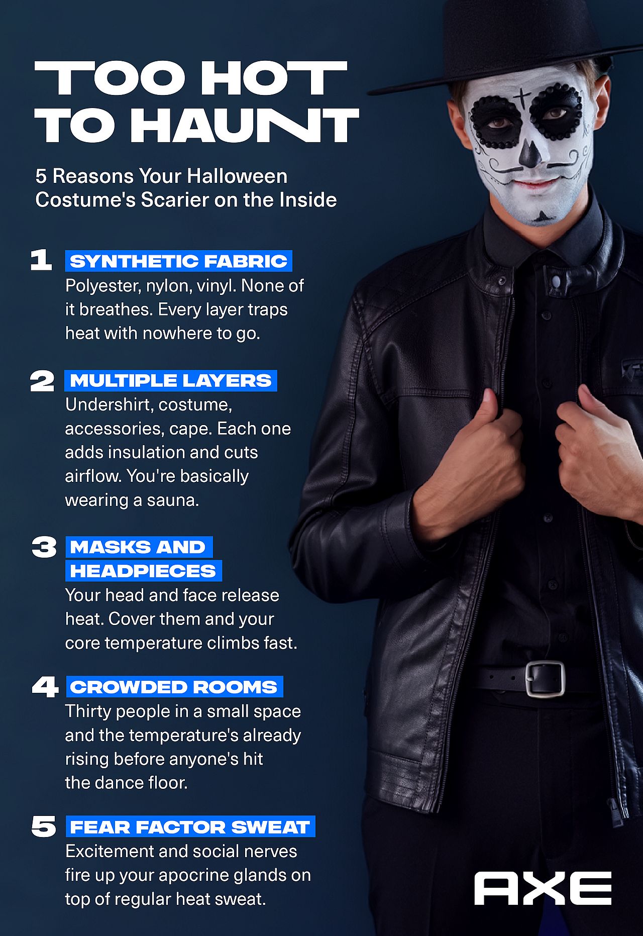 A poster showing top reasons a halloween costume is scarier on the inside.