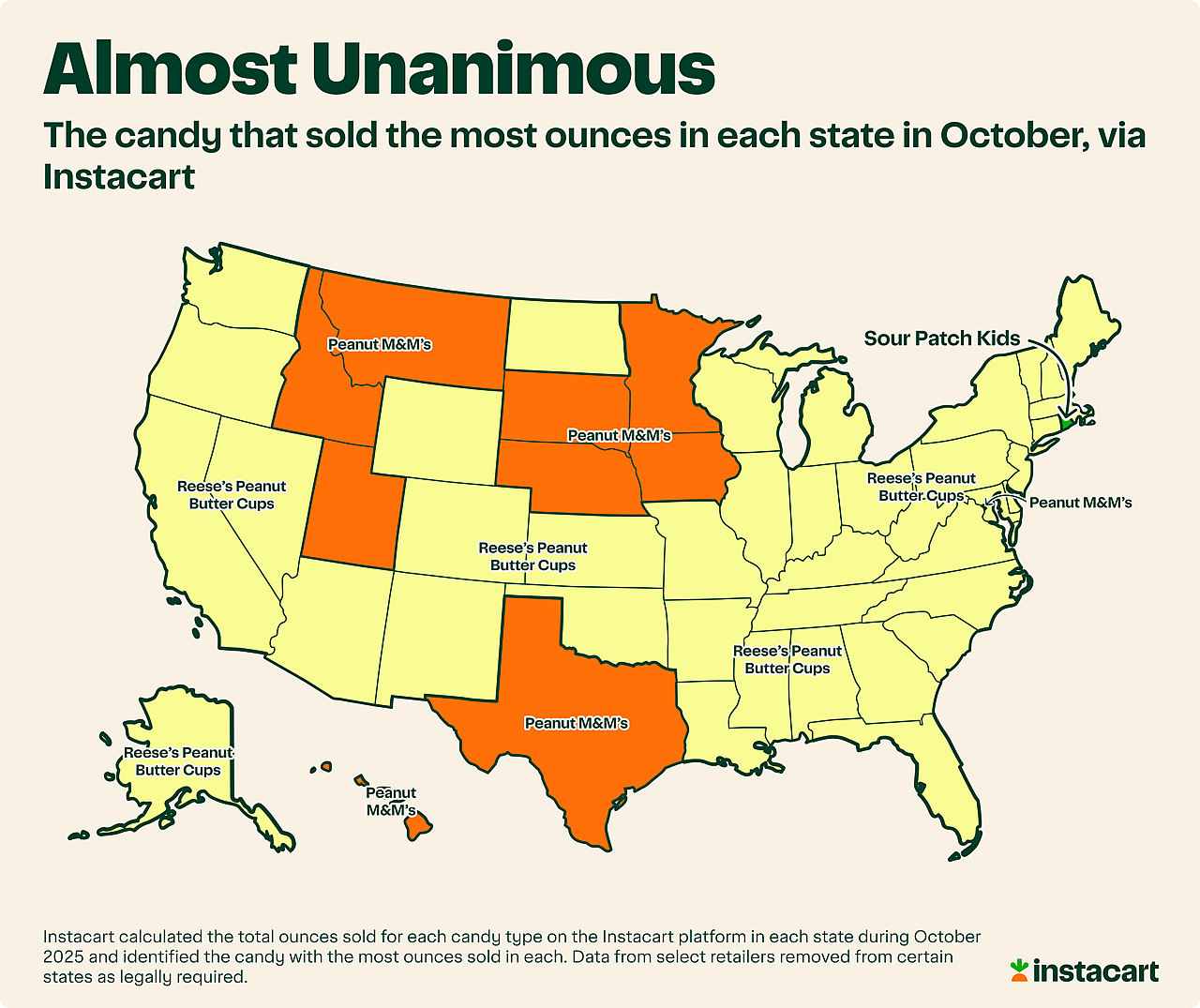 A map chart showing the candy brands that sold the most ounces in each American state in October via Instacart.